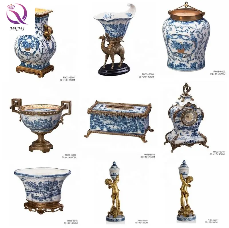 Porcelana azul y blanca personalizada de gama alta para decoración del hogar, dorados y jarrones aleros pintados a mano, bajo pedido mínimo