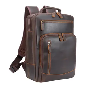 Yeni stil Vintage 15.6 inç dizüstü gerçek deri okul çantası sırt çantası tam tahıl hakiki çılgın at deri sırt çantası