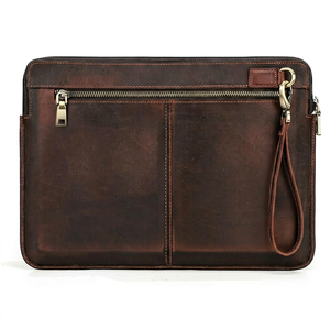 Brown Leather Clutch <b>Zip</b> Around <b>Wallet</b> with Dual Zippers and Wrist Strap - Product Image 1