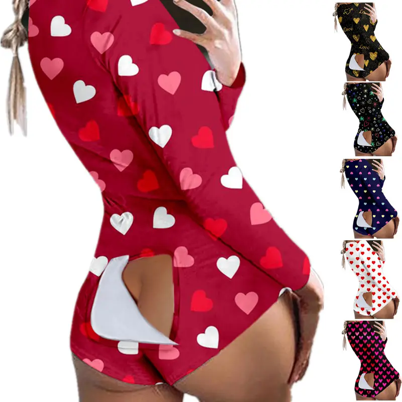 2022 Adult Onesie Womens Home Wear Sleepwear Pajamas V Neck Breathable Jumpsuits Plus Size 3XL Valentines Onsie With Butt Flap