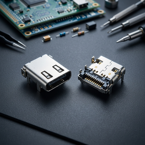 Conector USB 3.0 Tipo C Hembra Híbrido en Ángulo Recto, Aleación de Cobre, Contactos Dorados, Carcasa LCP, Cubierta de Acero Inoxidable, UL94V-0, Resistente al Fuego - Product Image 2