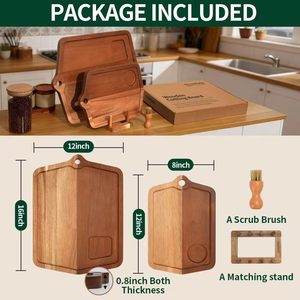 Wooden cutting board, double-sided kitchen cutting board with storage <b>rack</b>, cooked food tray, restaurant serving <b>plate</b>, steak - Product Image 3