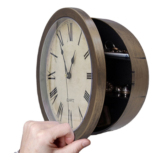 Retro Roman Numerals Clock with Safe Wall-Mounted Hanging Money Hidden Storage Box Corner Wall Clock