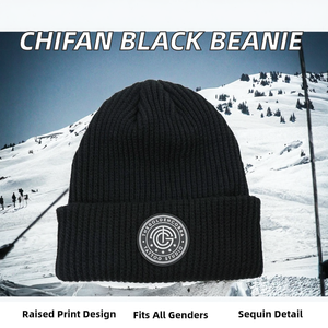 Nouveau bonnet côtelé unisexe en acrylique Chifan 2026 de haute qualité avec logo en PVC, broderie de sequins et chaînes, noir, pour l'hiver et le ski - Product Image 2
