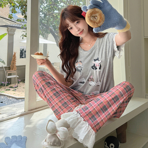 Pijama de manga corta de algodón Modale para mujer para Primavera Verano dulce hogar ropa traje con almohadilla en el pecho para uso exterior - Product Image 6