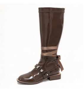 Bottes hautes en cuir verni pour femmes, à bout pointu, avec strass, talons, décorations de perles, bottines de soirée, chaussures habillées - Product Image 4