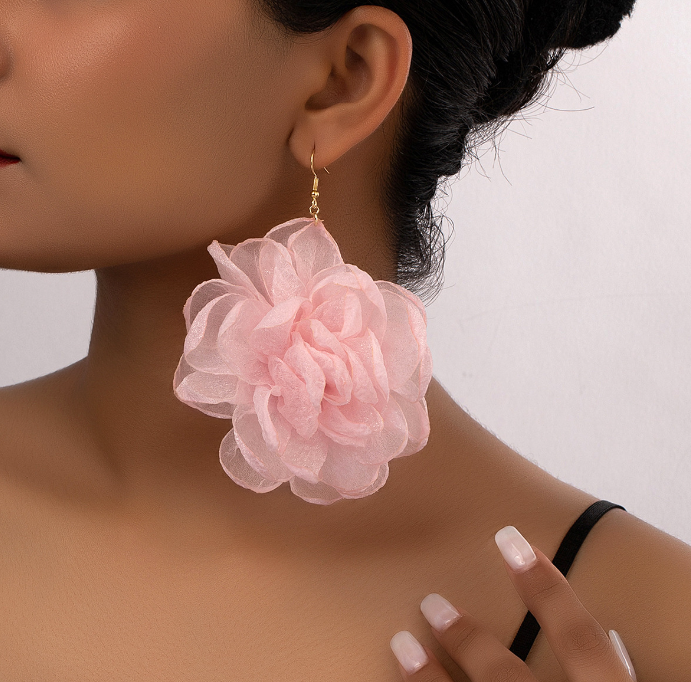 Pink Fabric Organza Rose Flower Drop Earrings for Women