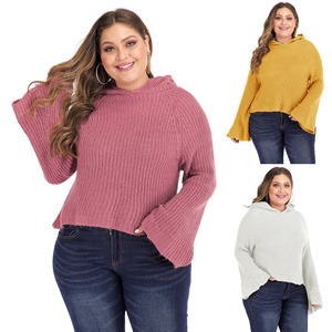 <span class=keywords><strong>Pull</strong></span> en tricot à <span class=keywords><strong>manches</strong></span> <span class=keywords><strong>évasées</strong></span> et à capuche pour femmes grandes tailles, pour femmes rondes - Product Image 1