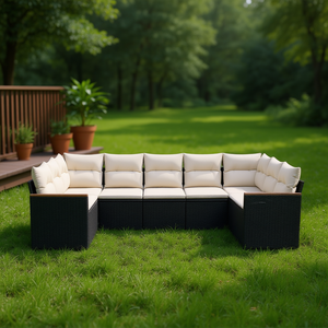 Ensemble de canapés de jardin modernes en rotin noir avec coussins crème, design contemporain imperméable pour terrasse et patio - Product Image 2