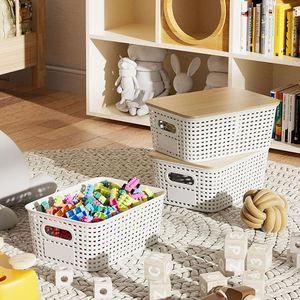 Plastic Storage Baskets With Bamboo <b>Lid</b> Stackable Storage <b>Bins</b>: Storage Baskets for Organizing - Product Image 6