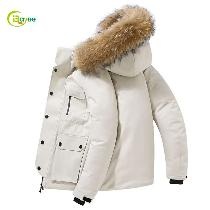 Custom Logo Polyester Men Heavy Winter Puffer Bubble Jacket Coat Puffer Jacket With Fur Hood