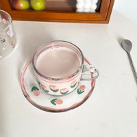 Ins Set cangkir kopi dan piring kaca Tulip Retro Perancis, Set cangkir teh siang bunga panas Korea