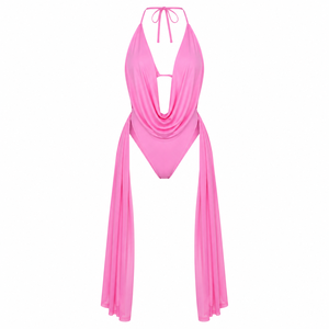 Traje de Baño de Una Pieza con Cuello en V Profundo para Mujer, con Diseño Drapeado y Recortes, Bikini Elástico Rosa, Ropa de Playa - Product Image 2