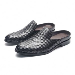 Black Woven Leather Loafers Pointed Toe <b>Slip</b>-<b>On</b> Men's Dress <b>Shoes</b> All Seasons Genuine Leather Upper Rubber Outsole - Product Image 4
