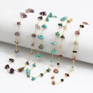 Fashion Natural stone beads Irregular Gem Stone Necklace Wrapped Stones Purple and Crystal Handmade Chains