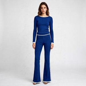 <b>Women's</b> Blue Ribbed Knit Long Sleeve Top And Flared Pants Set With <b>White</b> Contrast Trim - Product Image 1