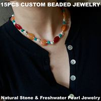 Collier ras du cou unisexe fait main en perles d'eau douce et pierres précieuses ovales mélangées, coloré, étanche, en pierres naturelles, idéal pour un cadeau, faible MOQ