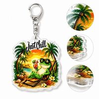 Porte-clés personnalisé en acrylique, motif grenouille tropicale 'Just Chill', cadeau de plage, breloque de sac personnalisée, accessoire de vacances transparent, vente en gros