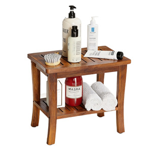 Tabouret de salle de bain double couche en teck 28,4x43x45 cm, banc de douche avec rangement pour adultes et personnes âgées - Product Image 2