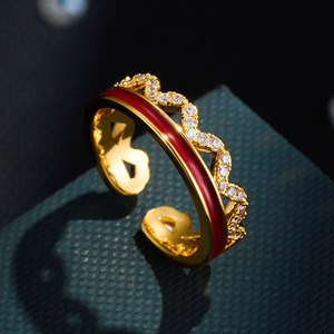 Luxury Enamel Crown Open Ring Gold Plated Zircon Inlay Adjustable Fashion Jewelry - Product Image 1