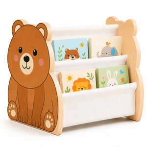 ชั้นวางหนังสือไม้รูปหมี 3 ชั้น พร้อมช่องผ้าสำหรับจัดเก็บหนังสือเด็ก - Product Image 1