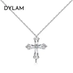 Dylam Exquisite Cross Pendant 925 Sterling Silver Necklace Diamond Cz Zirconia Chain For Party Birthday Gift Necklaces Women