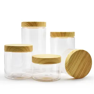 200ml 300ml 400ml 500ml 800ml 1000ml pot en plastique transparent pour animaux de compagnie avec couvercle en bambou à grain de bois