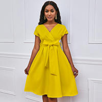 Robe de cérémonie à col en V, couleur unie, avec nœud à la taille et lacets, robe pour femme de haute qualité