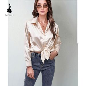 YZ 女式纯色翻领纽扣长袖缎面衬衫简约热销办公室日常衬衫 - Product Image 2