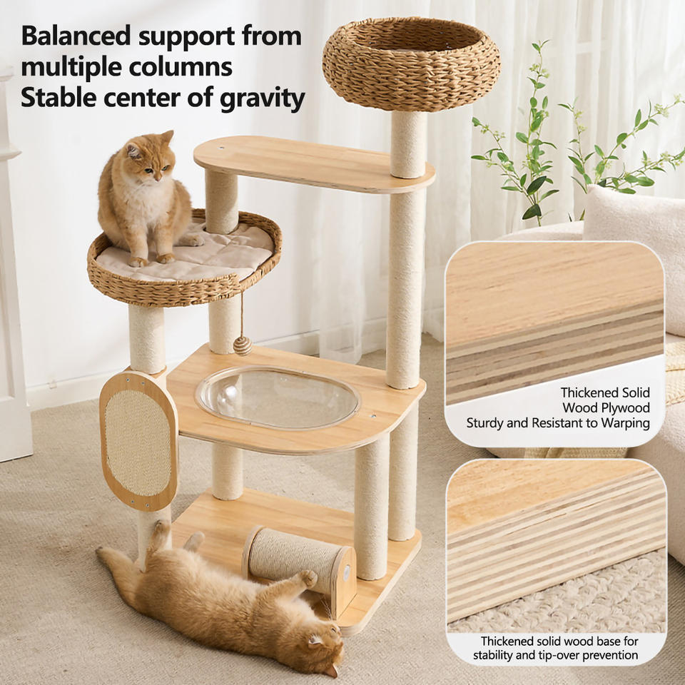 Modern Rattan Cat Tree with Curved Wood Frame Dual Basket Beds ...