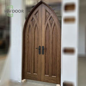 Customized Gothic Design Oak Mahogany Finished Wooden Double Door with Decorative Lines Pointed Arched Solid Wood Exterior Doors - Product Image 2