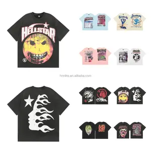  Hellstar Camiseta original de algodão de alta qualidade para homens, camiseta de manga curta com ombro caído, roupa de rua grande