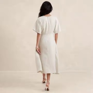 Nouvelles robes d'été pour femmes, robes décontractées amples et modestes, robes pour femmes à col en V profond, robe en lin de haute qualité à manches courtes, longueur midi - Product Image 4