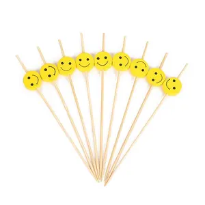 Bar Tool 12cm 100PCs Pack Bambú Cóctel Pick Cara sonriente amarilla