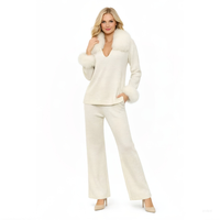 Ensemble deux pièces luxueux décontracté en laine avec col et poignets en vraie fourrure de renard, doux et chaud, pour femme : pull col en V et pantalon large uni ample