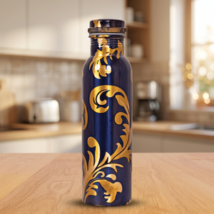 Bouteille d'eau vintage en métal bleu et or à motif floral, portable, avec couvercle - Product Image 5