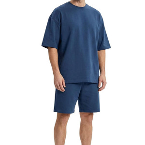 Solid Blue Cotton T-Shirt and Shorts <b>Set</b> Loose Fit O-Neck Short Sleeve Breathable Lightweight Men <b>Twin</b> <b>Set</b> High Street Style <b>Set</b> - Product Image 1