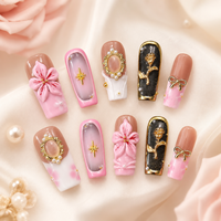 Ensemble d'ongles artificiels romantiques 3D floraux avec nœud rose, miroir, perle et or, à presser, pour salons de manucure et vente au détail en boutique