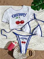 Ensemble bikini 3 pièces pour femme, imprimé cerises, haut court graphique fruité mignon, cache-maillot, bas à nouer ajustable, bordure contrastante, maillot de bain sexy