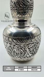 Bouteille d'eau en argent pur avec verre, gravure florale traditionnelle, vaisselle en argent artisanale pour un usage quotidien et des cadeaux - Product Image 2