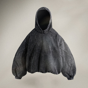 Washed Curved Stitch Seam Pullover Hoodie Custom Logo Oversized <b>Balloon</b> Sleeve Vintage Distressed Streetwear Hooded Sweatshirt - Product Image 2