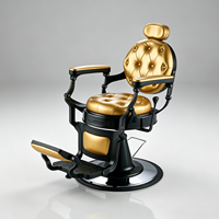 Fauteuil de barbier élégant au design capitonné vintage en cuir doré, réglable en hauteur, pour salon de coiffure commercial pour hommes