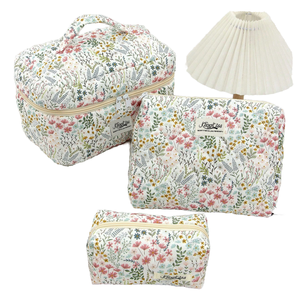 Sac cosmétique portable écologique grande capacité pour rouges à lèvres, lot de 3 sacs de rangement floraux, logo personnalisé, coton matelassé léger - Product Image 1