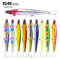 Leurre Artificiel Minnow Coulant 125mm/45g pour Pêche au Poisson-Mandarin et au Bar, Lancer Longue Distance, Plongeant dans Toutes les Couches d'Eau, avec Hameçons Triples