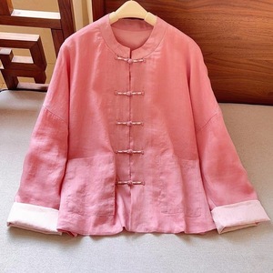 Chinese Style Tang Suit Jacket Women Autumn Thin Cotton Linen Stand Collar Frog Buttons Loose Fit Tea Dress Cardigan Top - Product Image 3