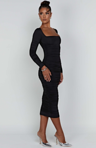 Nouveauté <span class=keywords><strong>Robe</strong></span> de soirée mi-longue enveloppante à manches longues et col carré pour femme - Product Image 3