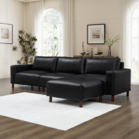 Modernes schwarzes Kunstledersofa, 3-Sitzer, modulares Ecksofa, Mid-Century-Wohnzimmermöbel für kleine Wohnungen