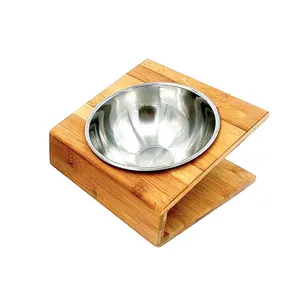 Alimentador para animais inclinado, de alta qualidade, cães e gatos, tigela de água, alimentador de alimentos com suporte de bambu e tigela de aço inoxidável