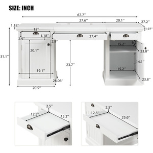 Oe Home 67" Modern Executive Desk with 2 Doors & 3 Drawers White Solid Wood+MDF for Home <b>Office</b> - Product Image 2