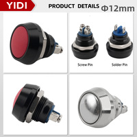 Interrupteur à bouton-poussoir momentané en acier inoxydable, tête sphérique plate, 12 mm, 1NO, 1A/250VAC, broches à souder, sans LED, rouge, pour appareils électroménagers